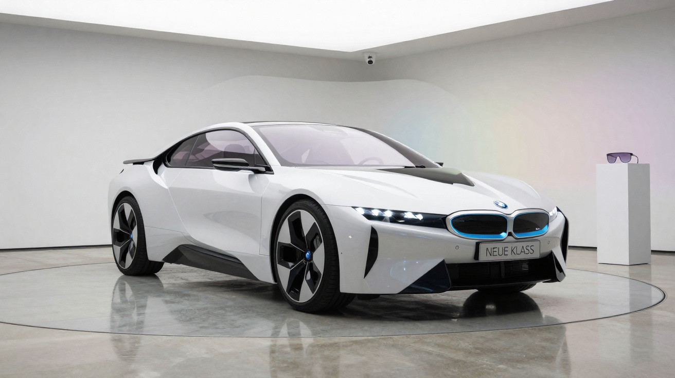 Carro esportivo elétrico BMW branco em exibição em ambiente moderno e minimalista.