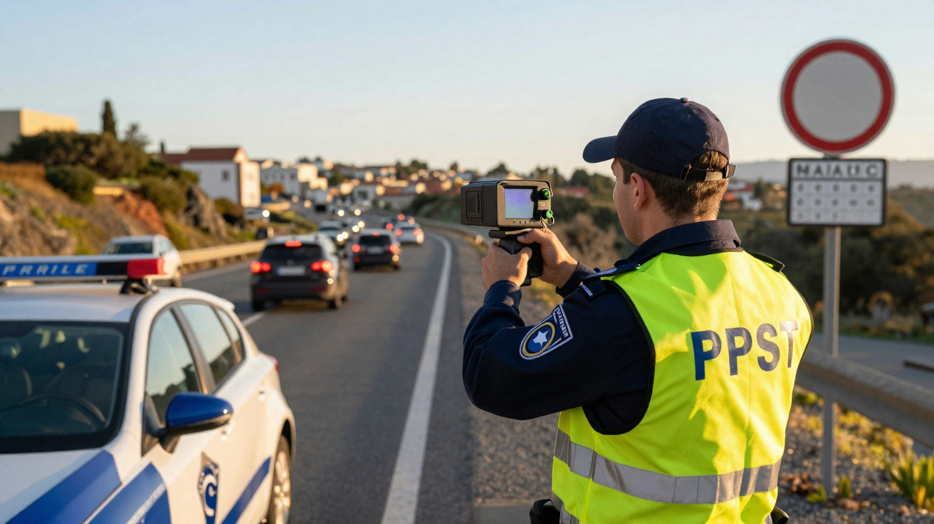 Policial com colete amarelo utiliza radar para controlar a velocidade de carros em estrada movimentada.