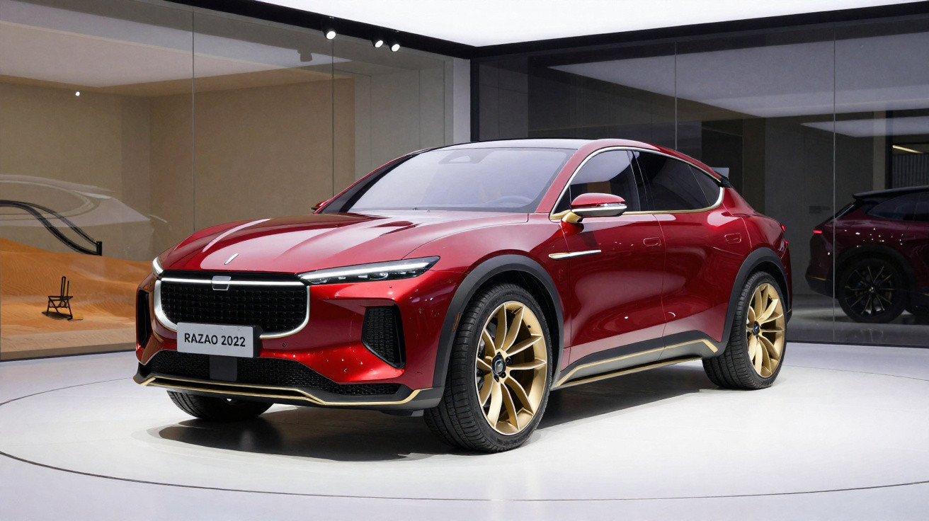 Carro SUV vermelho com rodas douradas exposto em ambiente moderno e bem iluminado.