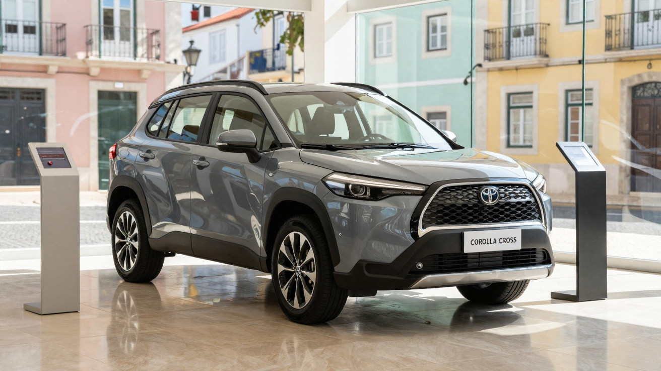 Carro SUV Toyota Corolla Cross cinza exposto em ambiente interno com grandes janelas e fachada colorida ao fundo.