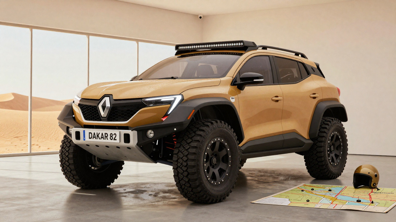 SUV dourado off-road com pneus grandes em galeria com mapa e capacete ao lado.
