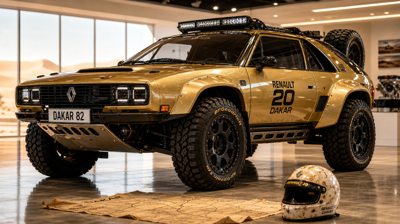 Carro de rali Renault 20 Dakar 82 dourado com pneus off-road, capacete e mapa em piso de exposição.