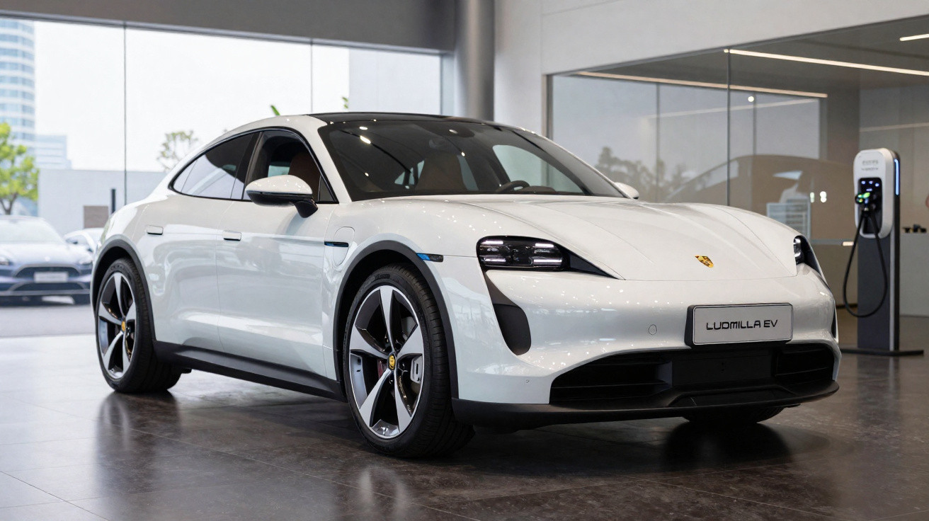 Carro elétrico Porsche Taycan branco exibido em showroom moderno com estação de recarga ao fundo.