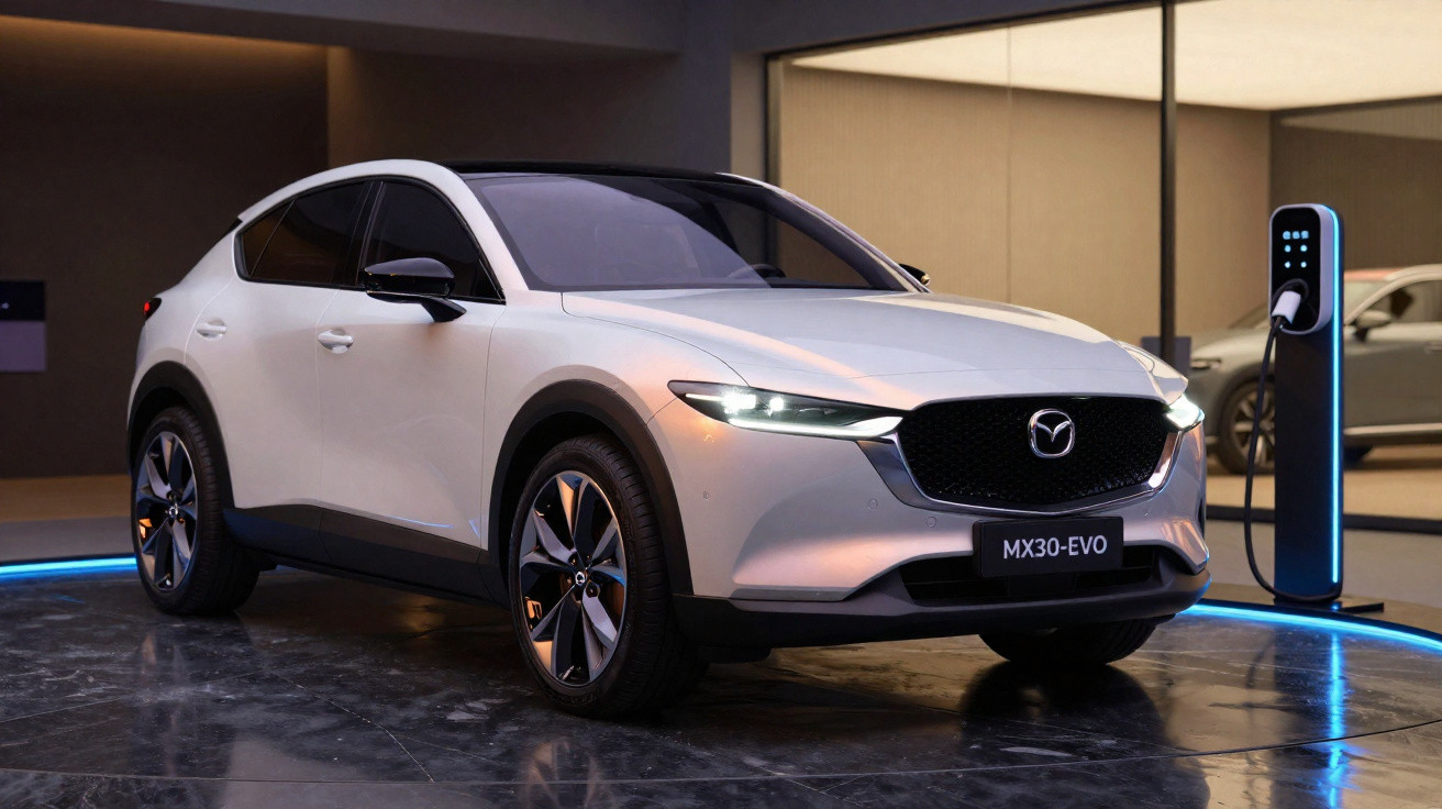 Carro elétrico branco Mazda MX30-EVO carregando em estação dentro de ambiente moderno e iluminado.
