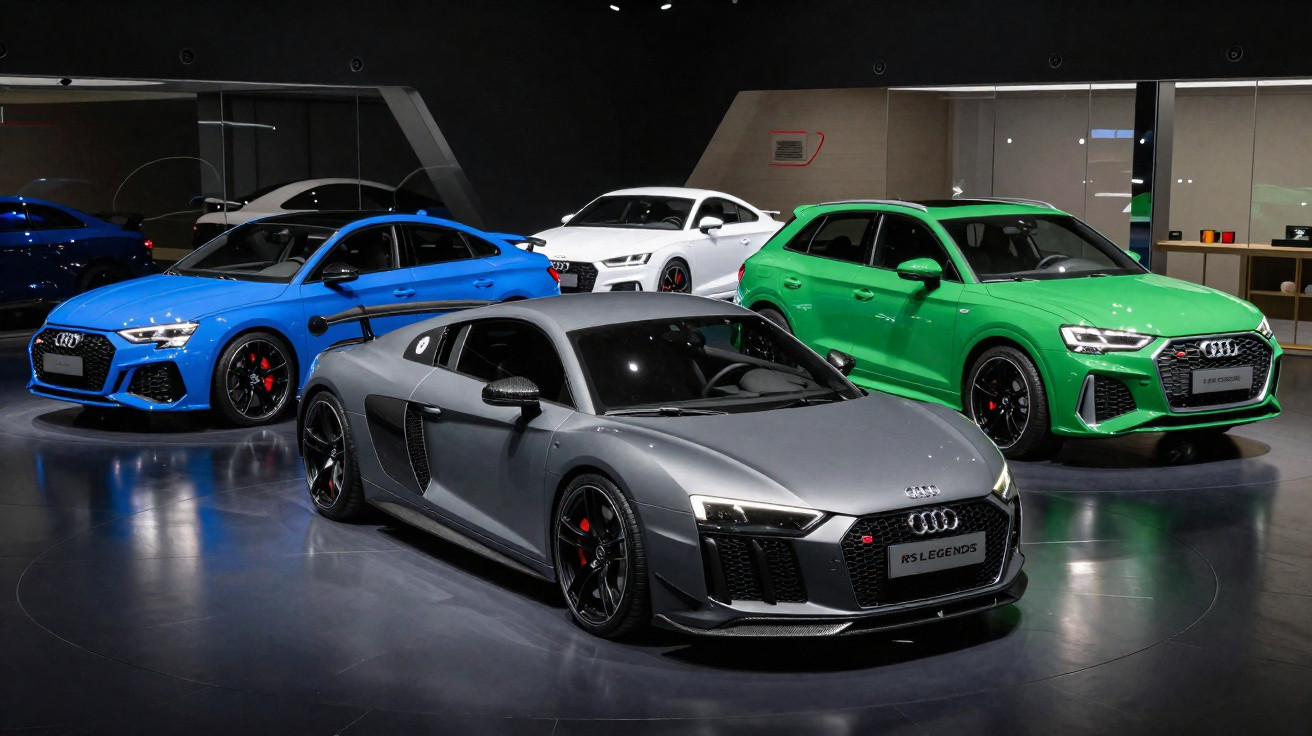 Quatro carros esportivos Audi em exposição, nas cores cinza, azul, branco e verde, em ambiente moderno.