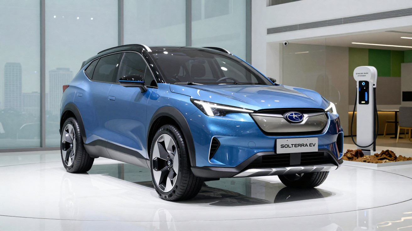 Carro elétrico azul Subaru Solterra EV exibido em showroom moderno com estação de recarga ao fundo.