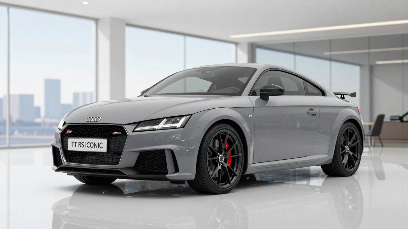 Audi TT RS cinza estacionado em showroom moderno com teto baixo e rodas pretas com freios vermelhos.