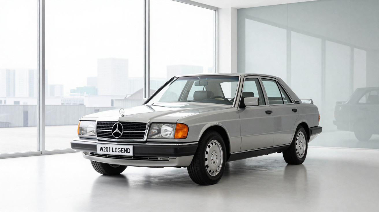 Carro Mercedes-Benz clássico W201 Legend prata estacionado em ambiente interno minimalista.