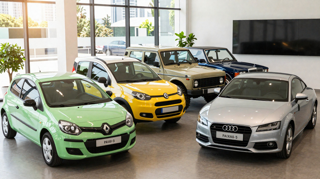 Interior de concessionária com cinco carros de cores variadas expostos, incluindo modelos Renault e Audi.