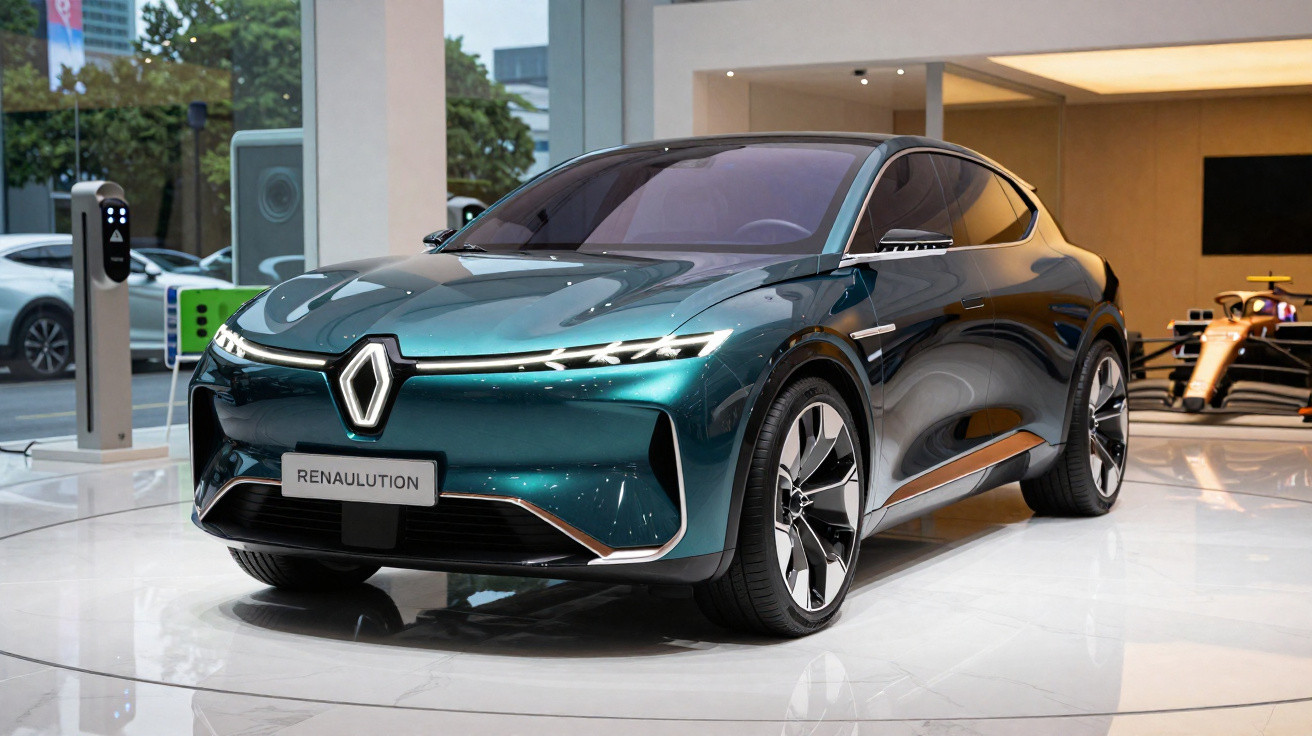 Carro elétrico Renault azul metálico em exposição com design futurista e linhas aerodinâmicas.