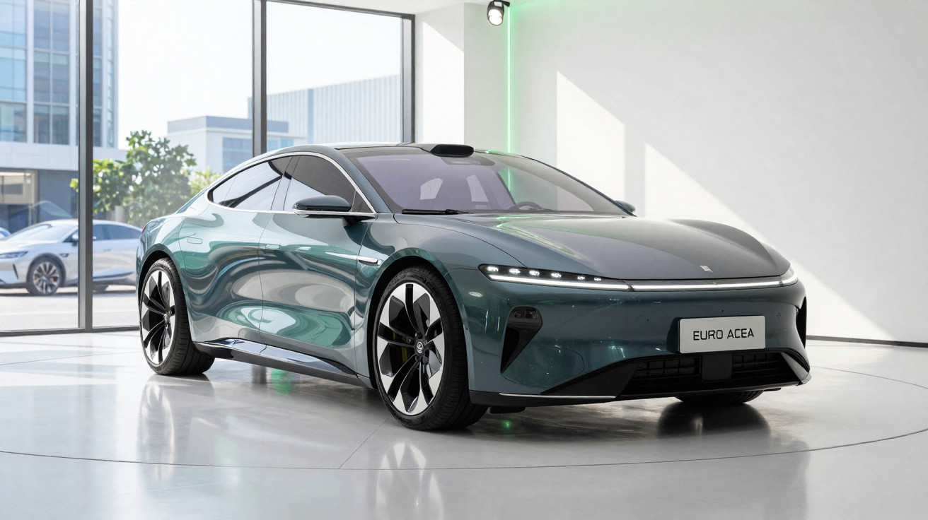 Carro elétrico esportivo verde escuro em exposição dentro de showroom moderno e iluminado.