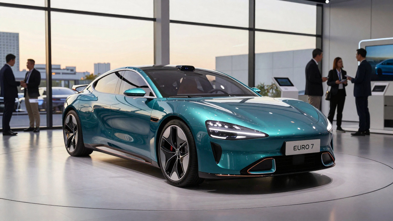 Carro esportivo elétrico azul exibido em showroom moderno com pessoas ao fundo.