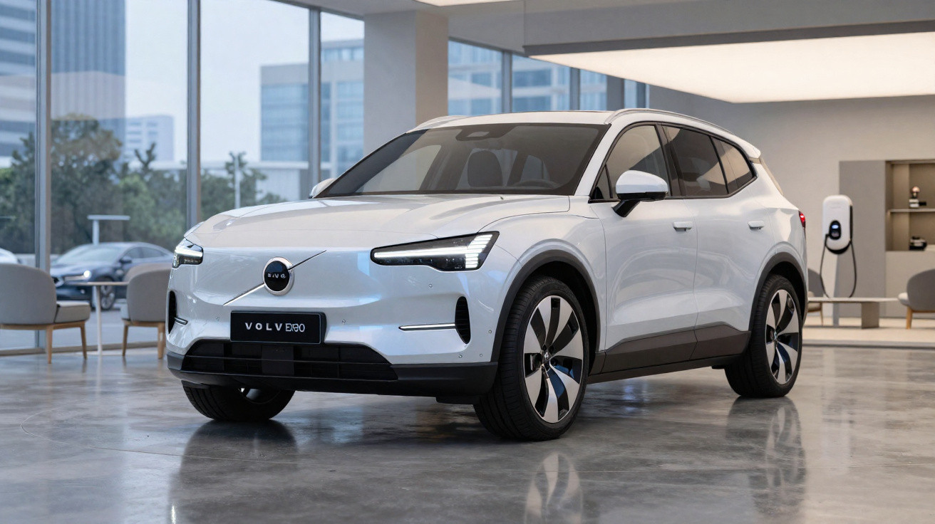 Carro elétrico Volvo EX90 branco estacionado em showroom moderno com carregador na parede.