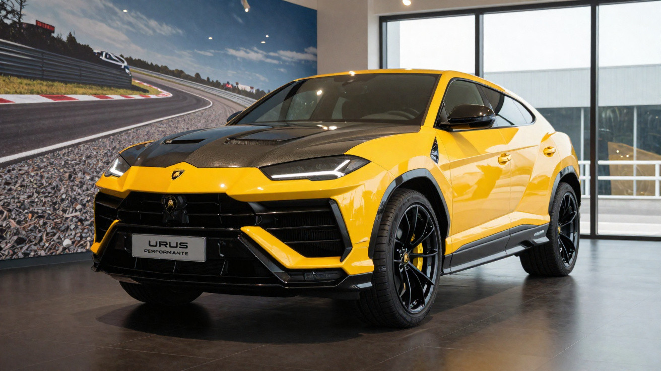 Lamborghini Urus Performante amarelo e preto exibido em showroom com parede temática de corrida.