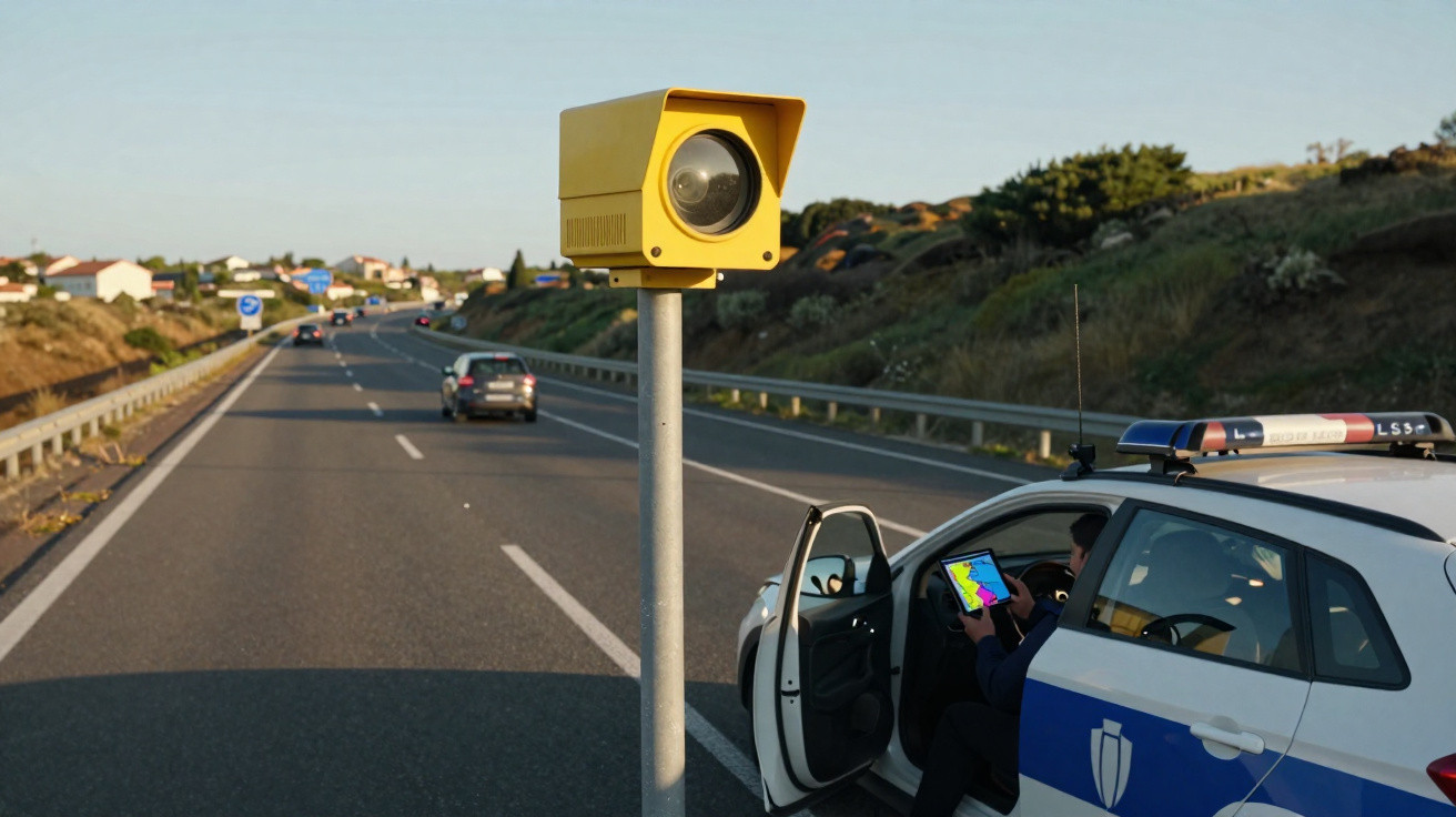 Radar amarelo instalado ao lado de rodovia com carro de polícia estacionado e motorista usando tablet.