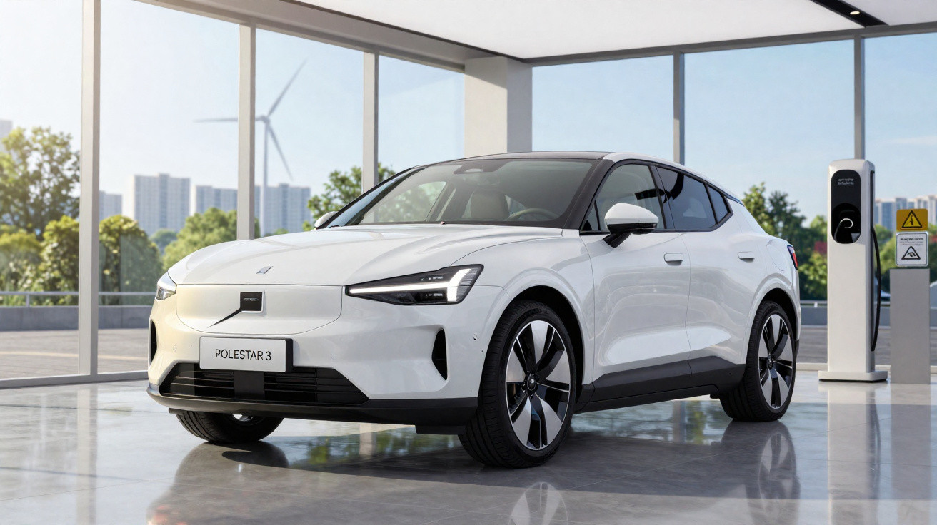 Carro elétrico branco Polestar 3 estacionado em showroom com carregador ao lado e janela grande ao fundo.