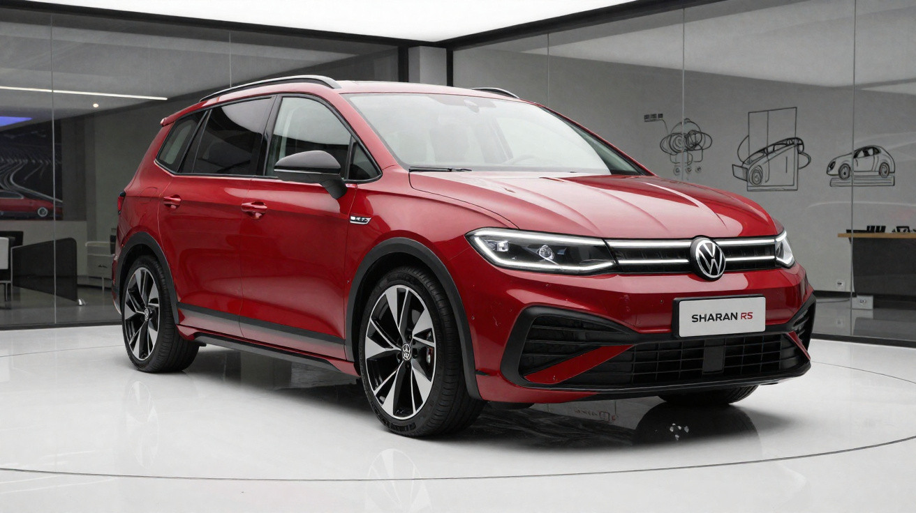 Carro Volkswagen Sharan RS vermelho estacionado em ambiente interno com paredes espelhadas.