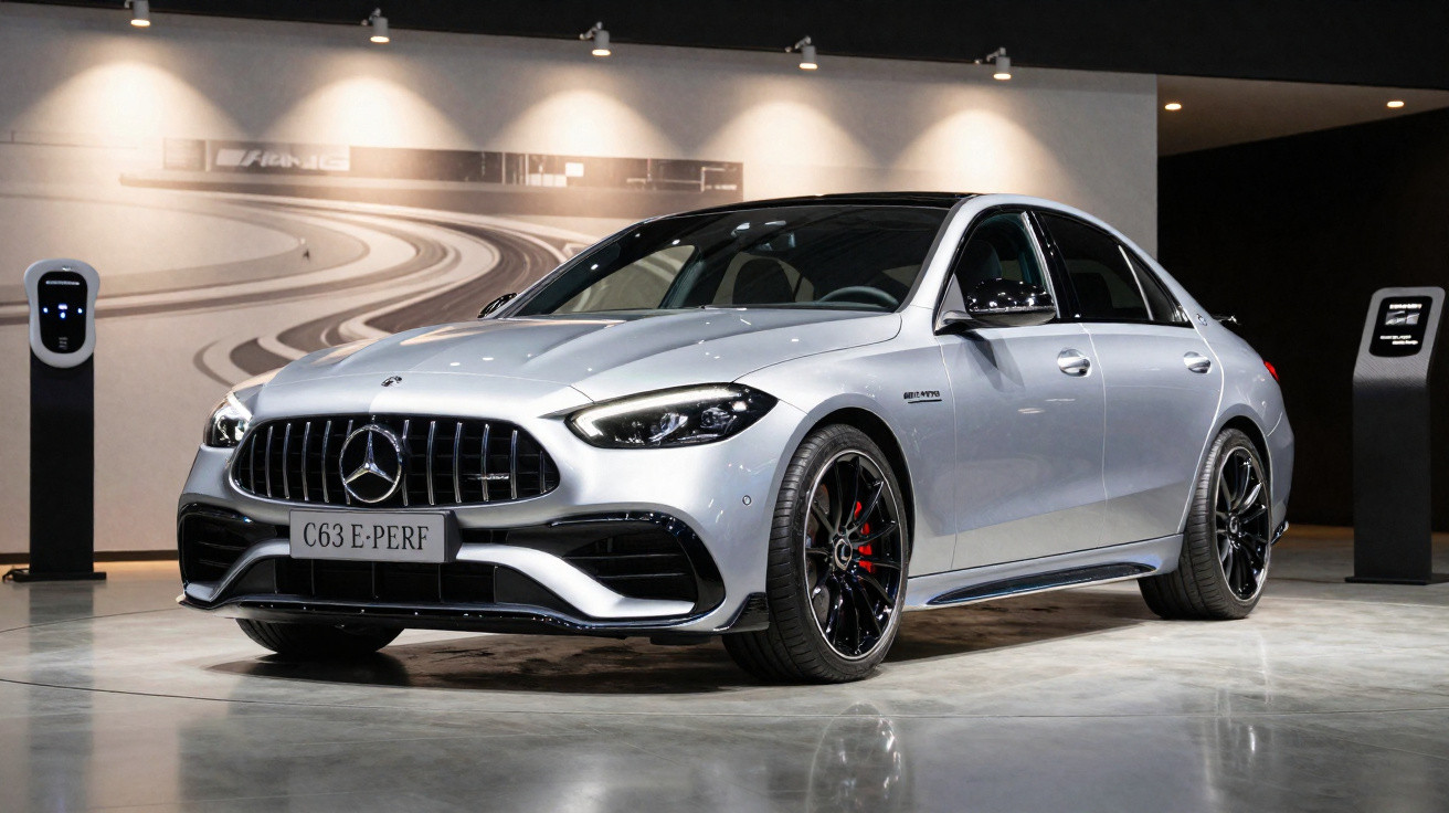 Carro esportivo Mercedes-Benz prata modelo C63 E-PERF exposto em showroom moderno com piso brilhante.