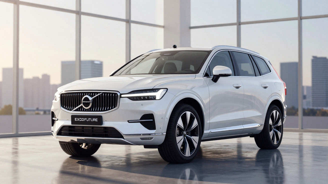 SUV Volvo branco estacionado em ambiente interno com grandes janelas e vista urbana ao fundo.