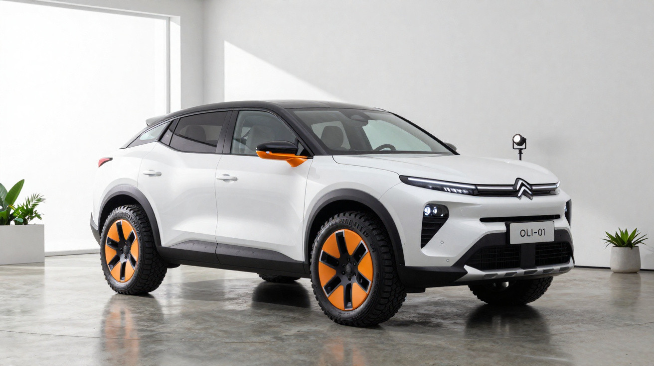 Carro SUV elétrico branco com detalhes e rodas em laranja em ambiente interno minimalista.