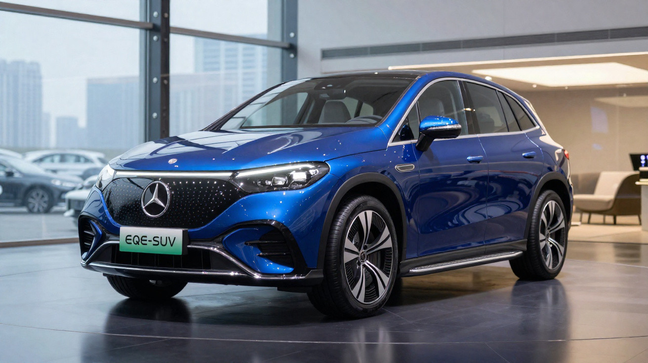 SUV Mercedes-Benz EQE azul exibido em showroom moderno com grandes janelas e iluminação natural.
