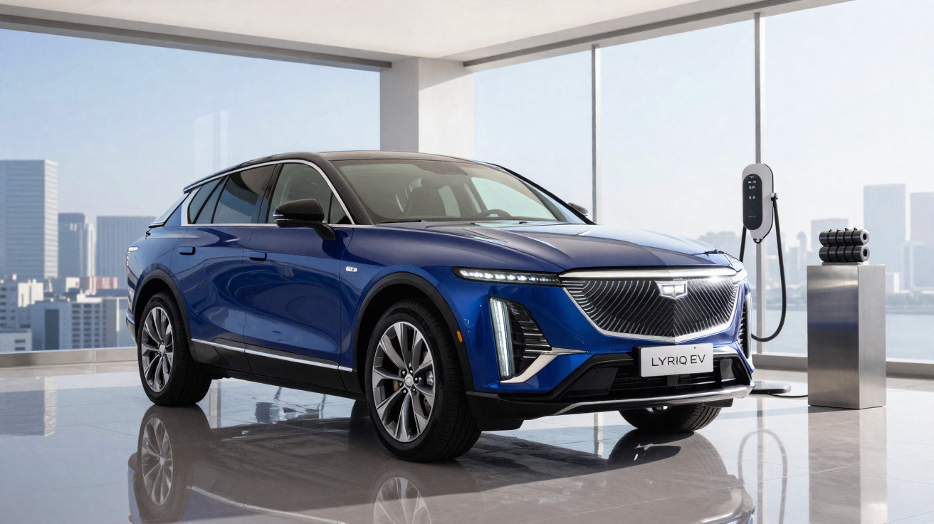 Carro elétrico azul Cadillac Lyriq EV estacionado em showroom moderno com cidade ao fundo.