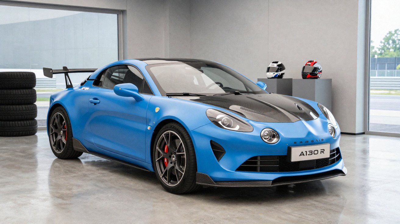 Carro esportivo azul Alpine A130 R estacionado em garagem com pneus e capacetes ao fundo.