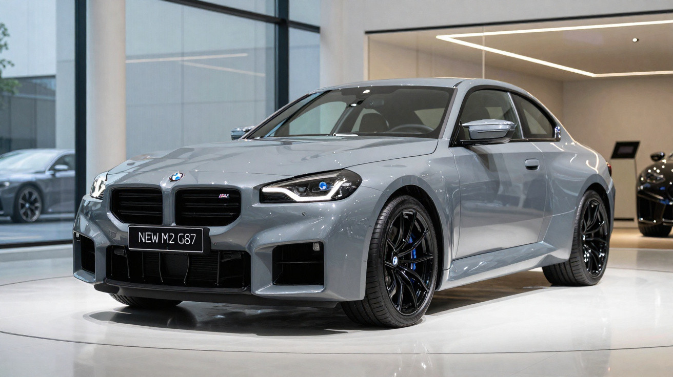 Carro esportivo BMW M2 G87 cinza estacionado em showroom moderno com piso branco.