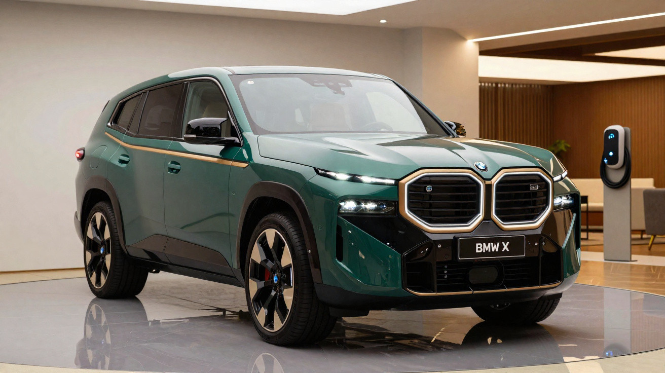 Carro SUV BMW X verde em exposição interna com estação de carregamento elétrico ao fundo.