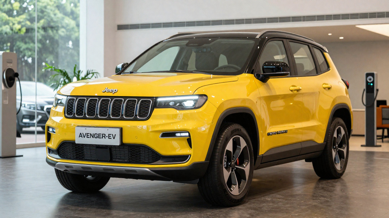Carro SUV elétrico Jeep Avenger EV amarelo exibido em showroom moderno.