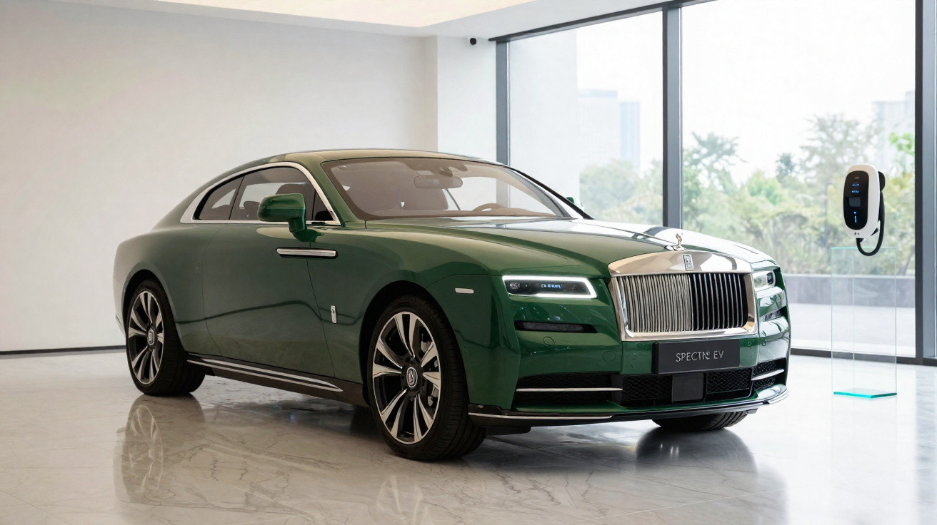Carro elétrico Rolls-Royce Spectre verde exibido em ambiente interno moderno com carregador ao fundo.