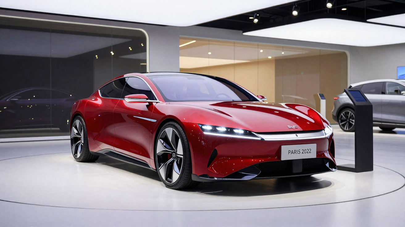 Carro esportivo elétrico vermelho exibido em salão de automóveis moderno, placa com "Paris 2022".