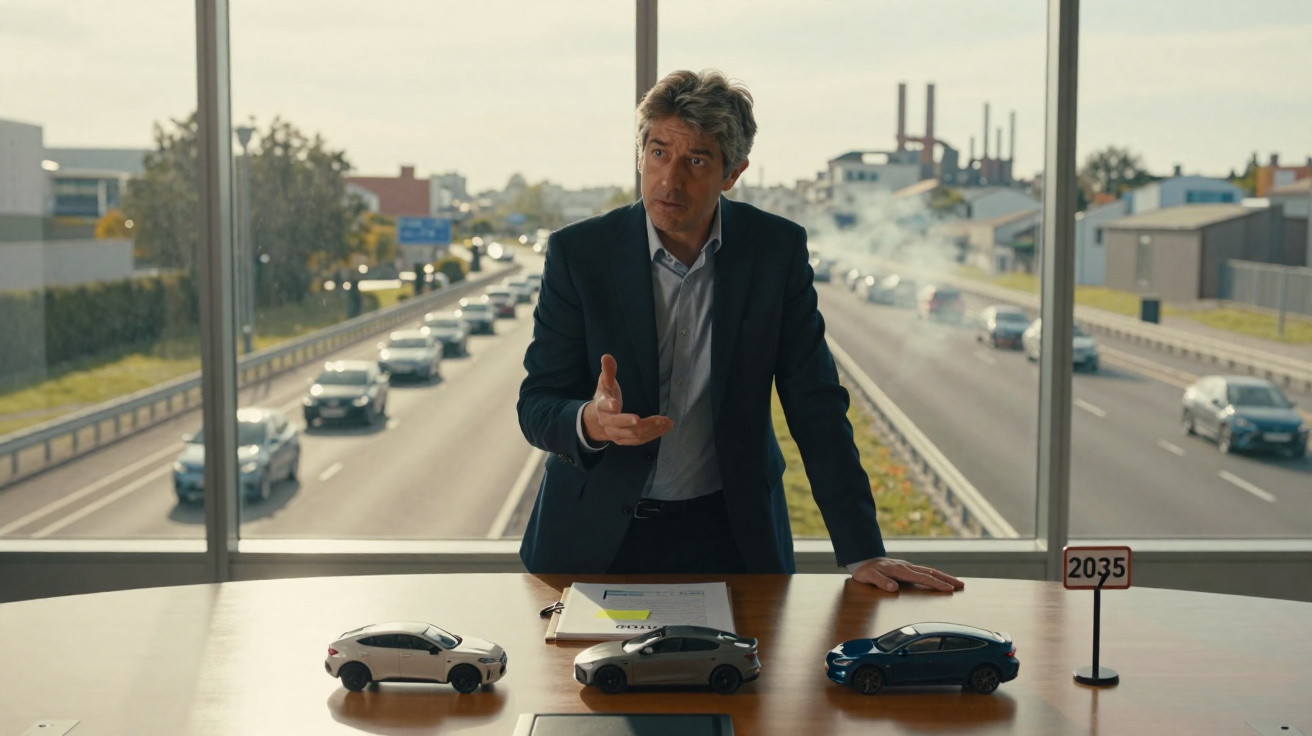 Homem em terno fala em sala com vista para rodovia, diante de três miniaturas de carros sobre mesa.