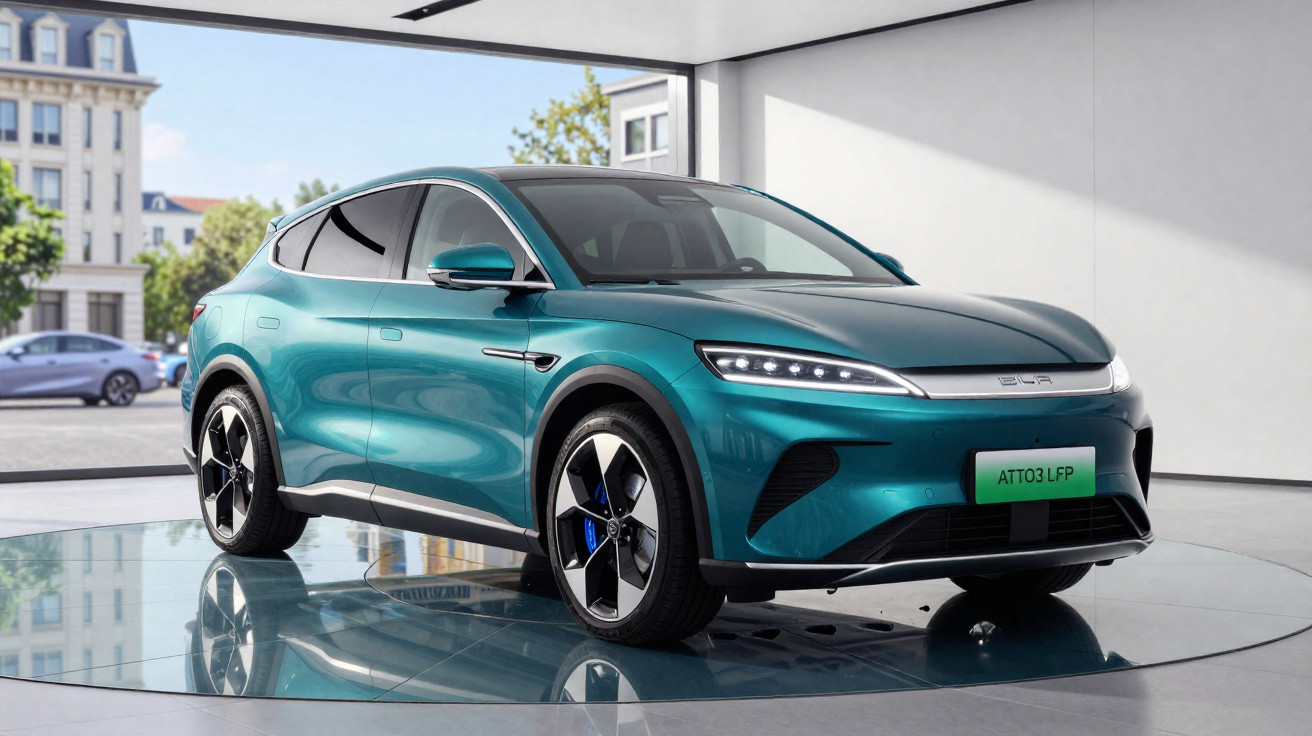 Carro elétrico SUV BYD Atto 3 verde em exposição dentro de showroom moderno e iluminado.