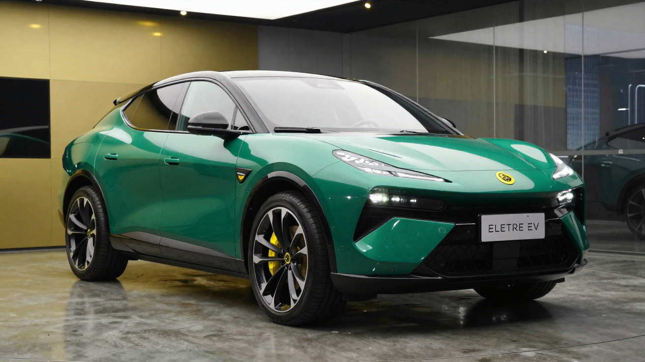 Carro elétrico verde Eletre EV estacionado em ambiente interno com piso refletivo.