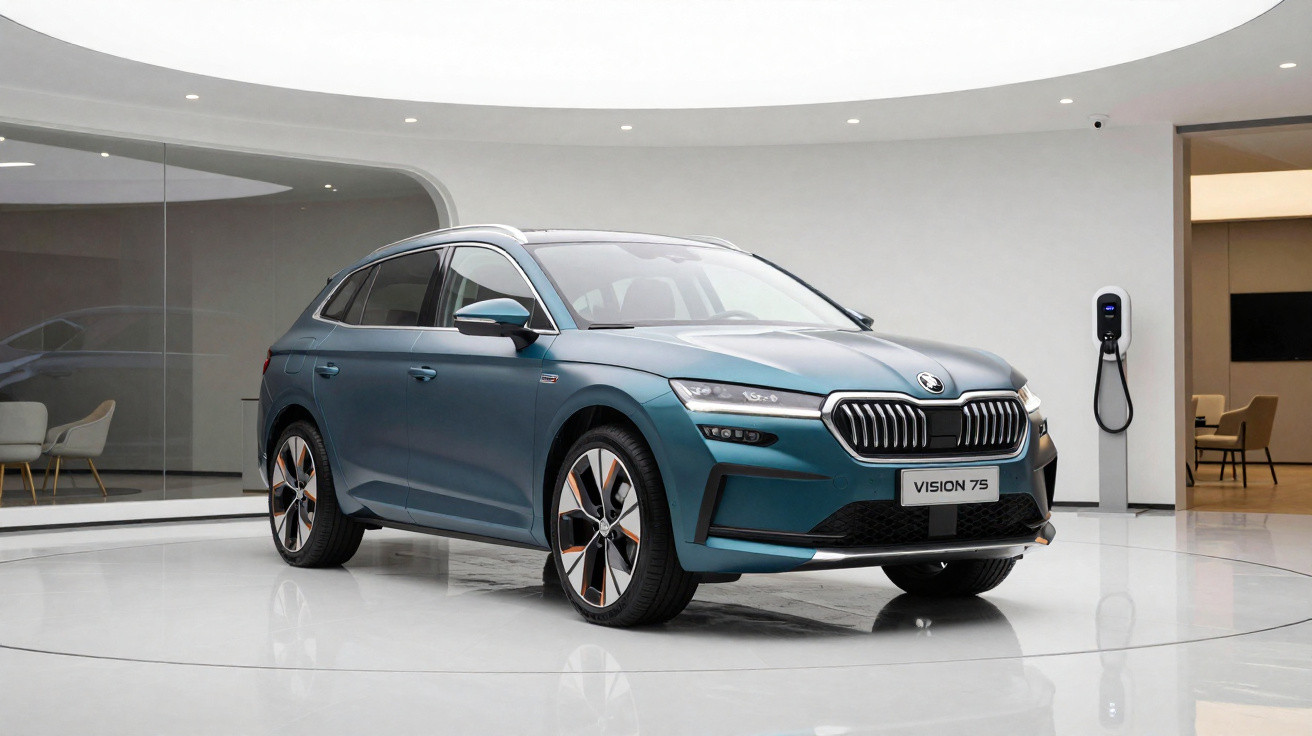 Carro elétrico Skoda Vision 75 azul exibido em ambiente moderno com parede branca e carregador elétrico.