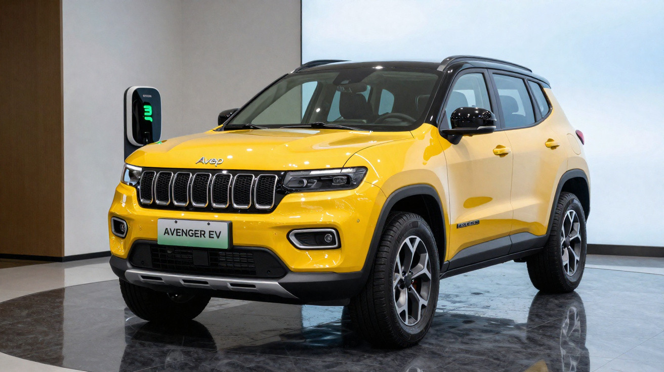 SUV elétrico amarelo Avenger EV estacionado em ambiente interno, ao lado de carregador elétrico.