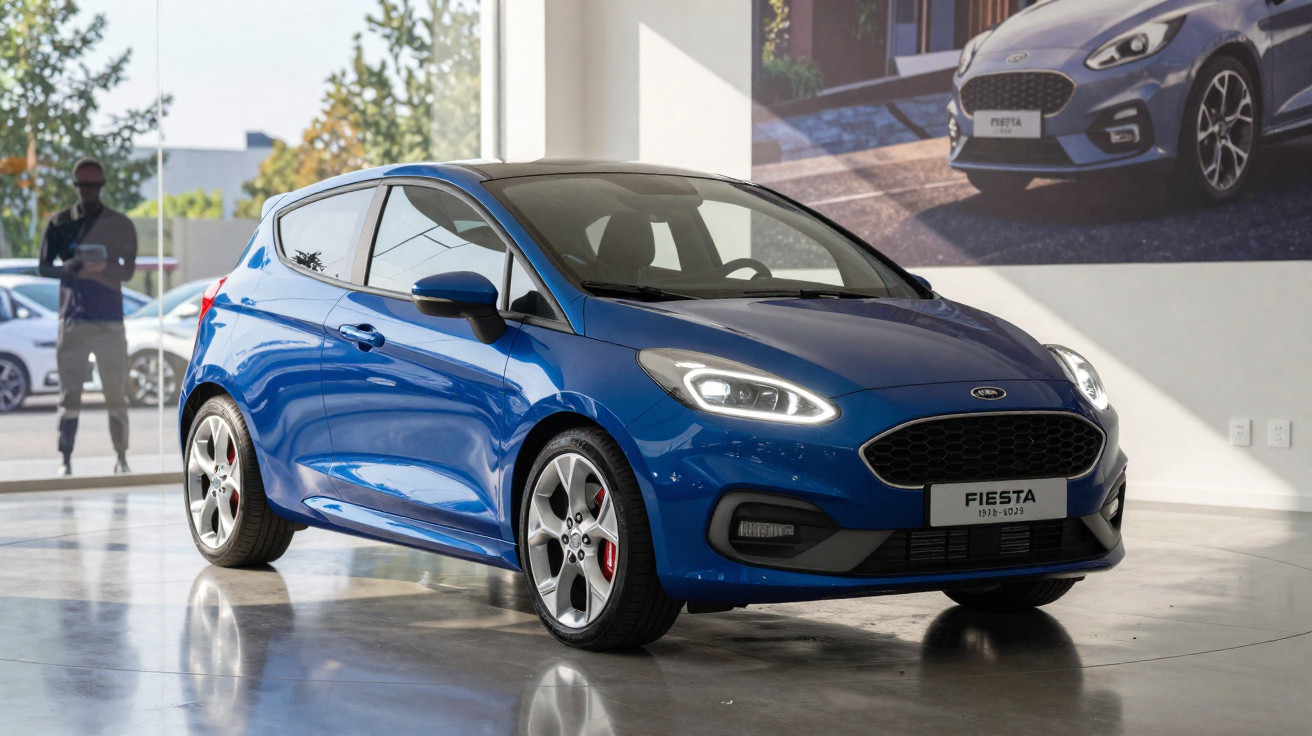 Carro Ford Fiesta azul em exposição dentro de showroom com luz natural refletindo no chão polished.