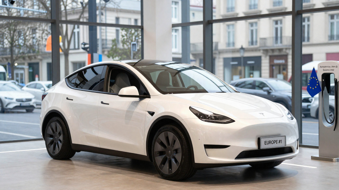 Carro elétrico branco Tesla Model Y exibido em showroom moderno com grandes janelas de vidro.