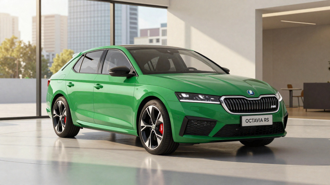 Carro verde esportivo Skoda Octavia RS estacionado em ambiente interno moderno com vista urbana.