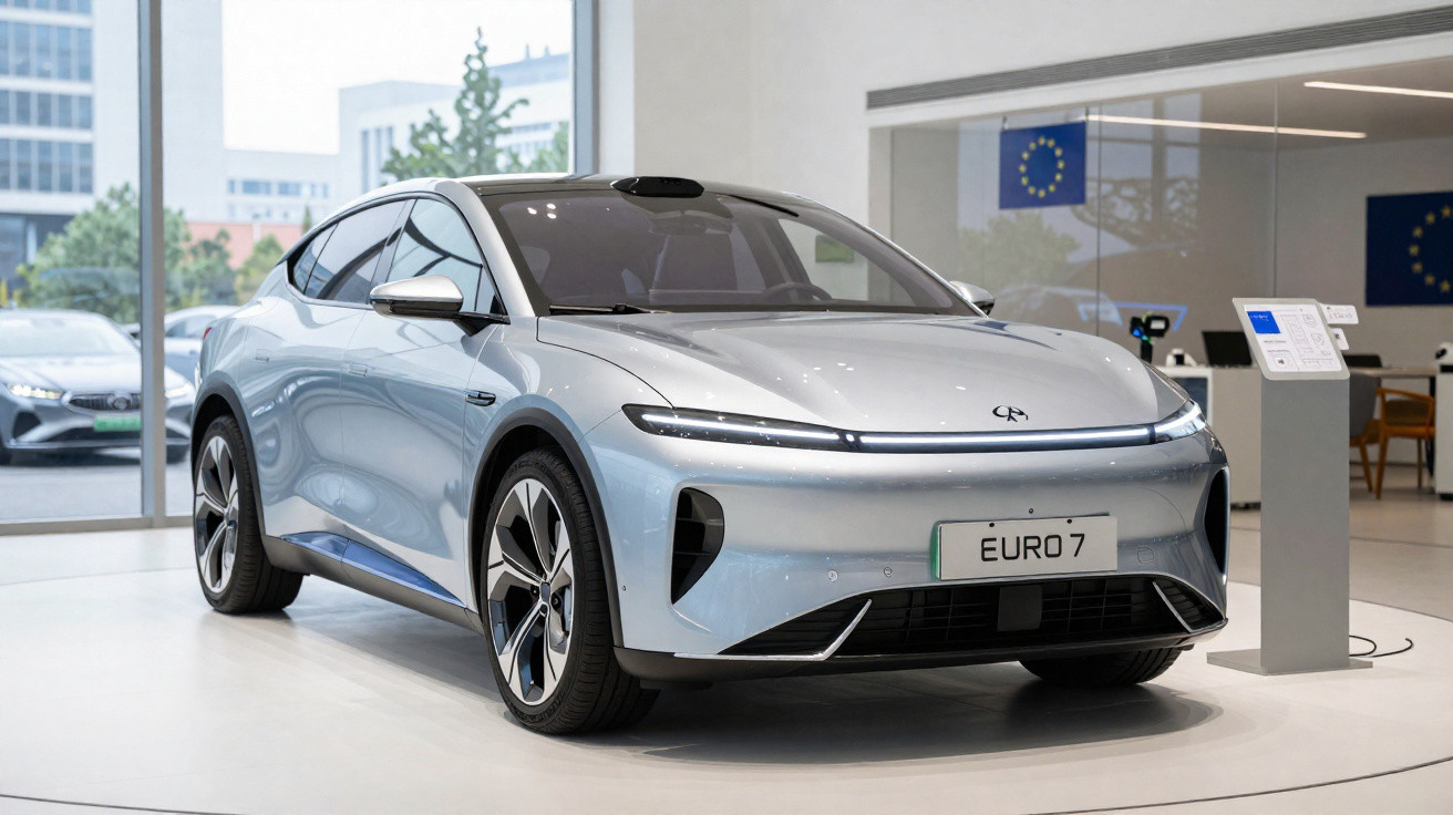 Carro esportivo elétrico prateado em exposição interna com placa personalizada "EURO 7".