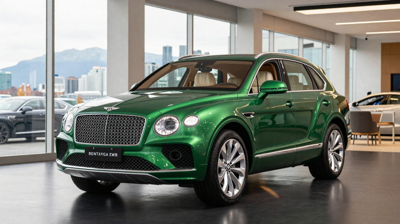 SUV Bentley Bentayga EWB verde exposto em showroom moderno com grandes janelas e vista urbana.