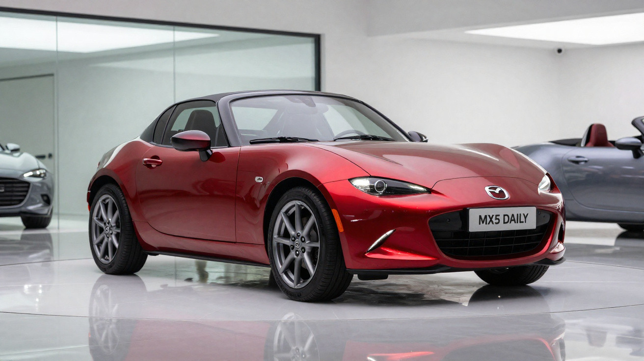 Carro esportivo conversível Mazda MX-5 vermelho exibido em showroom com piso branco e paredes claras.