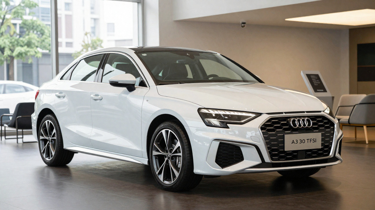 Carro sedan branco Audi A3 30 TFSI exibido em showroom moderno com janelas grandes.