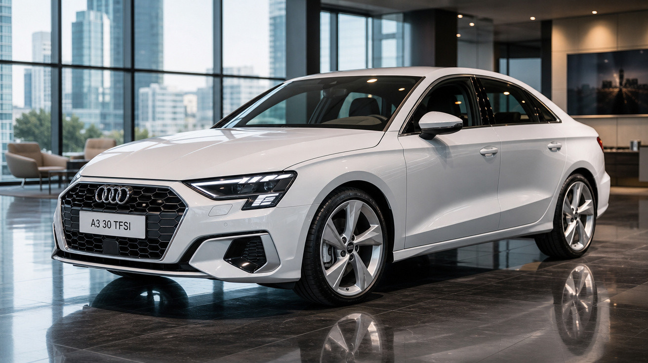 Audi A3 30 TFSI branco exibido em showroom moderno com piso espelhado e fundo urbano com prédios altos.