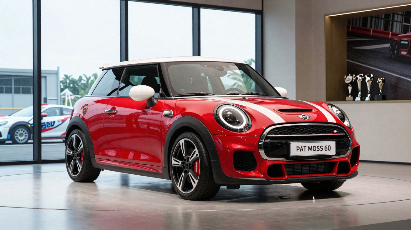 Carro esportivo Mini Cooper vermelho com teto branco exibido em showroom moderno.