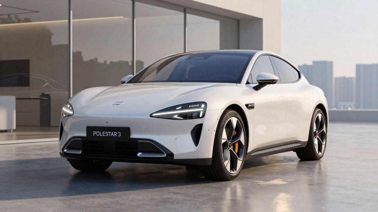 Carro elétrico branco Polestar 3 estacionado em garagem moderna com fundo urbano ao entardecer.