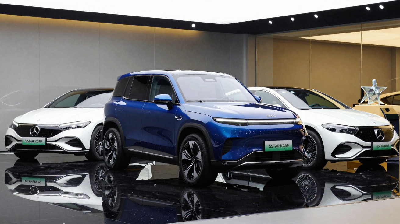 Três carros elétricos exibidos em salão moderno, com piso preto brilhante e iluminação suave.