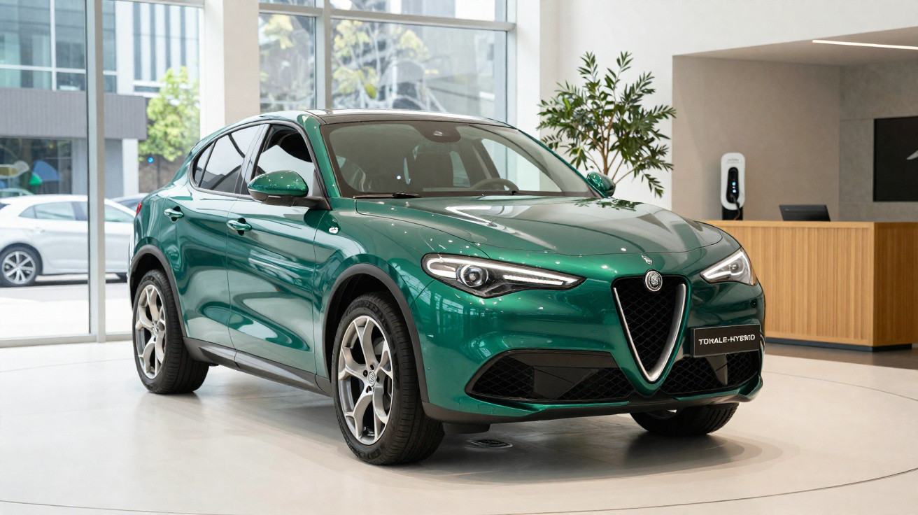 Carro SUV verde Alfa Romeo Tonale Hybrid exibido em showroom com teto de vidro e planta ao fundo.