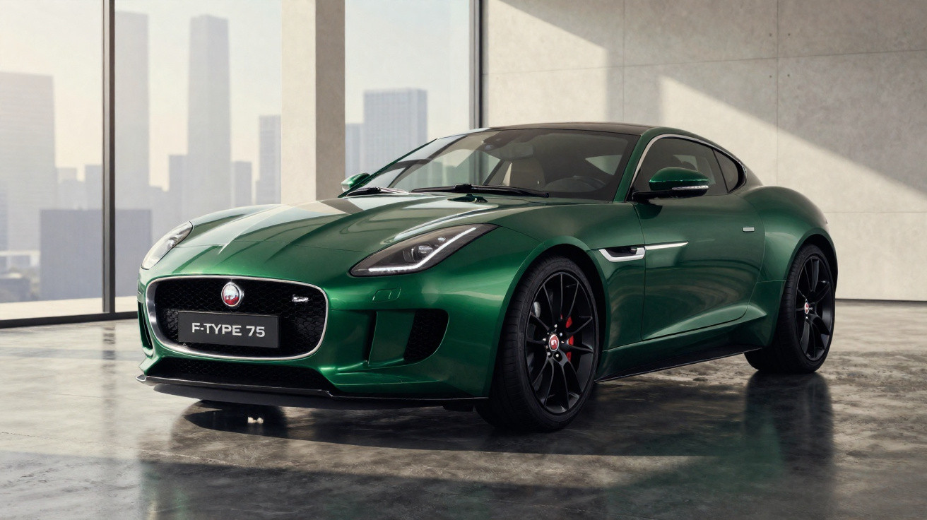 Carro esportivo verde Jaguar F-Type 75 estacionado em ambiente interno com janelas e vista urbana ao fundo.